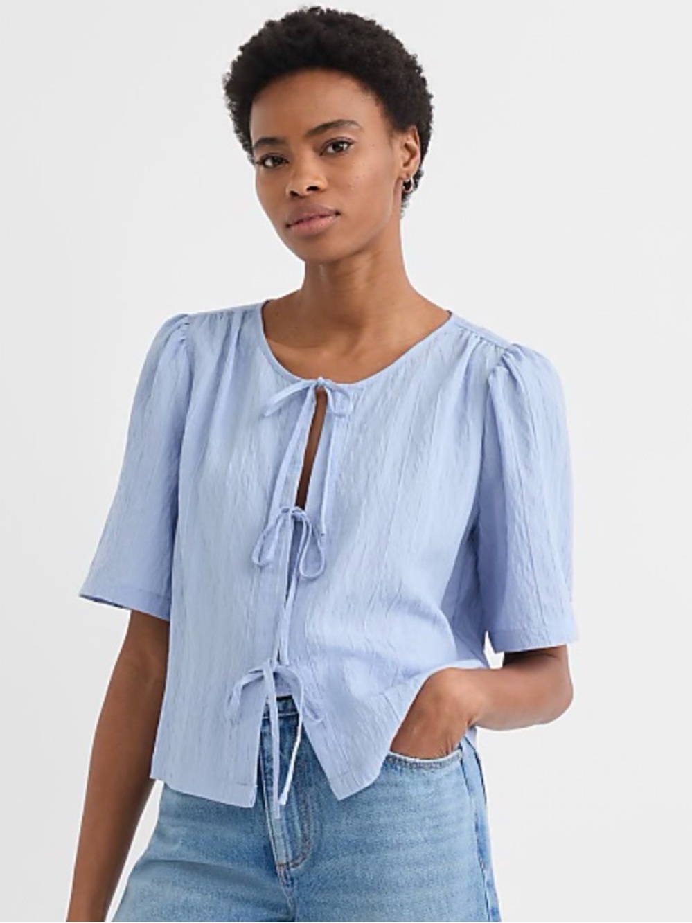 LOFT Pale Blue Tie-Front Puff Sleeve Blouse